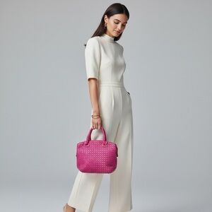 Elegant Pink / Fuchsia Woven Faux Leather Handbag - Numerous Pockets!